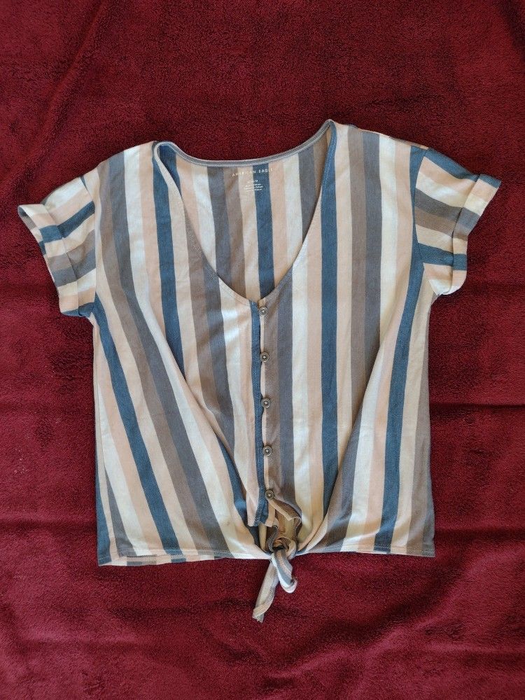AE Striped Roll Sleeve Tie Front T-Shirt size Medium