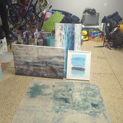 Room Decor: 4' By 6' Rug And 3 Prints Blue Cream 