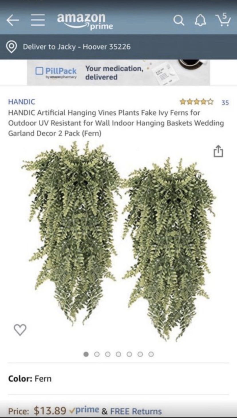 HANDIC Artificial Hanging Vines Plants Fake Ivy Ferns for Outdoor UV Resistant for Wall Indoor Hanging Baskets Wedding Garland Decor 2 Pack (Fern)
