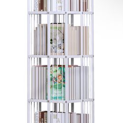 Huhote Rotating Bookcase White 4 Tiers Metal Bookshelf Large Capacity for Small Space with Storage and Creative Multi-Layer Shelves,Magazine&Books for