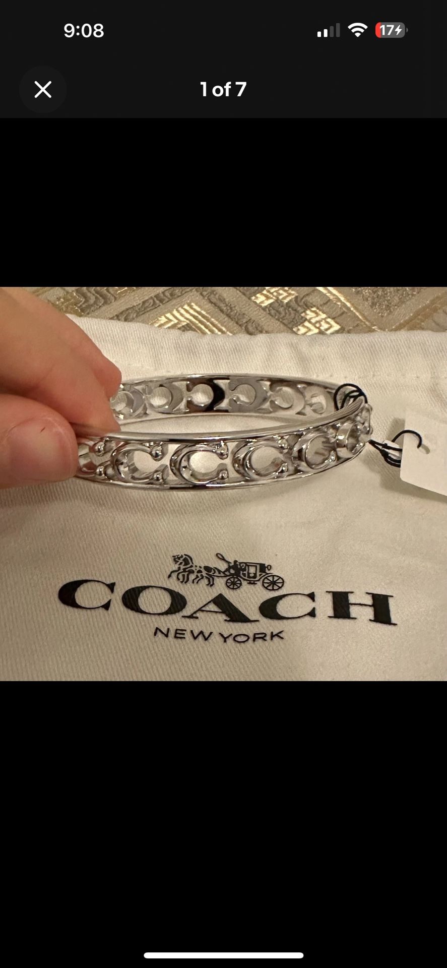 NWT! COACH NEW YORK SIGNATURE C HINGED BANGLE BRACELET SILVER 7,5”