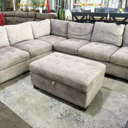 Thomasville Kylie Grey Fabric Sectional Couch With Storage Ottoman  