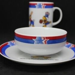 1984 Vintage 3 Piece SAM THE OLYMPIC EAGLE Cup Plate Bowl Set Los Angeles T3