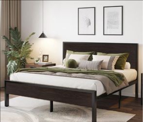 Queen Bed Frame with Headboard, Heavy Duty Platform Base with Under-Bed Storage, Solid Metal Construction, No Box Spring Needed-Black Oak