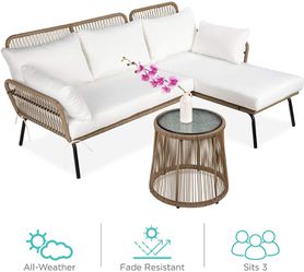 L-Shaped Conversation Woven Sectional Sofa Set with Cushions, with Tempered Glass Tabletop Side Table