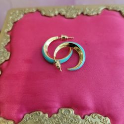 Sterling Silver Goldplated Small Hoop Teal Blue Enamel Earrings F9