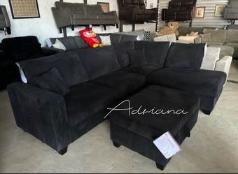 Stylish Black sectional sofa with storage ottoman Corduroy