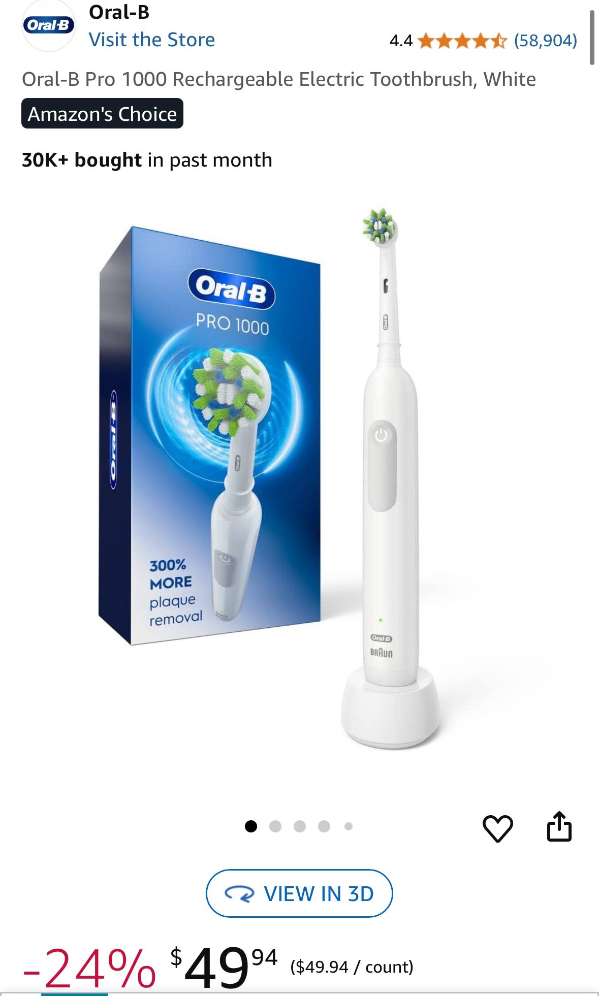 Oral-B Pro 1000 Rechargeable Electric Toothbrush, White