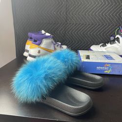 Faux Fox Fur Slides - Sky Blue