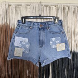 Wrangler x Billabong high waisted shorts with floral patchwork details; perfect condition