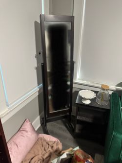 Full length mirror & tie holder / cabinet (on wheels)