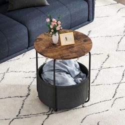 Round Side Table, Small Round End Table with Fabric Basket, Bedside Table with Black Metal Frame, Small Coffee Table, Farmhouse Sofa Side Table for Li