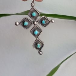 Vintage Zuni Cross Pendant Sterling Turquoise Coral