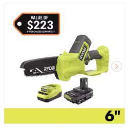 NEW IN BOX RYOBI ONE+ 18V 6 in. Cordless Battery Compact Pruning Mini Chainsaw with 2.0 Ah Battery and Charger
