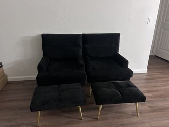 2 Black Suede Reclining Accent Chairs + Ottoman – Gold Legs