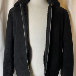Vintage Guess Black Suede Like Faux Fur XL Jacket Bomber Sherpa Lining Zipper Front Rare