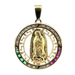 Woman’s Ladies 10k Yellow Gold CZ Cubic Zirconia Red White Green Greek Key Virgin Mary 1.25” Inch Pendant For Necklace GP3127660