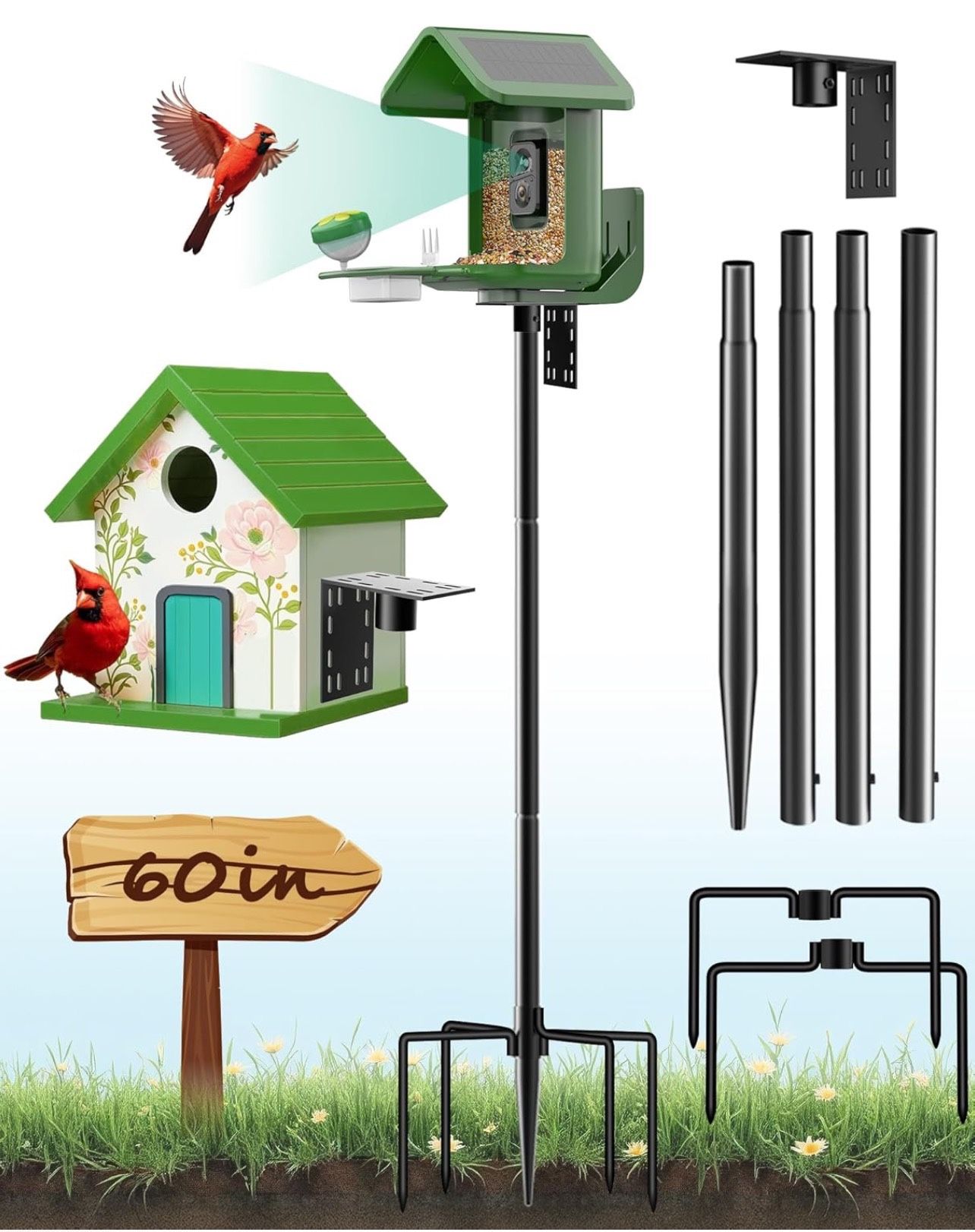 Bird Feeder Pole – 60 Inch Height Bird House Pole with 1-Inch Dia Heavy Duty for Birdfeeders, Feeding Stand with Mount Kit for Outdoor, Slip-Fit Conne