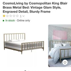 COSMOLIVING BY COSMOPOLITAN BLAIR BRASS GOLD KING SIZE METAL BED FRAME 