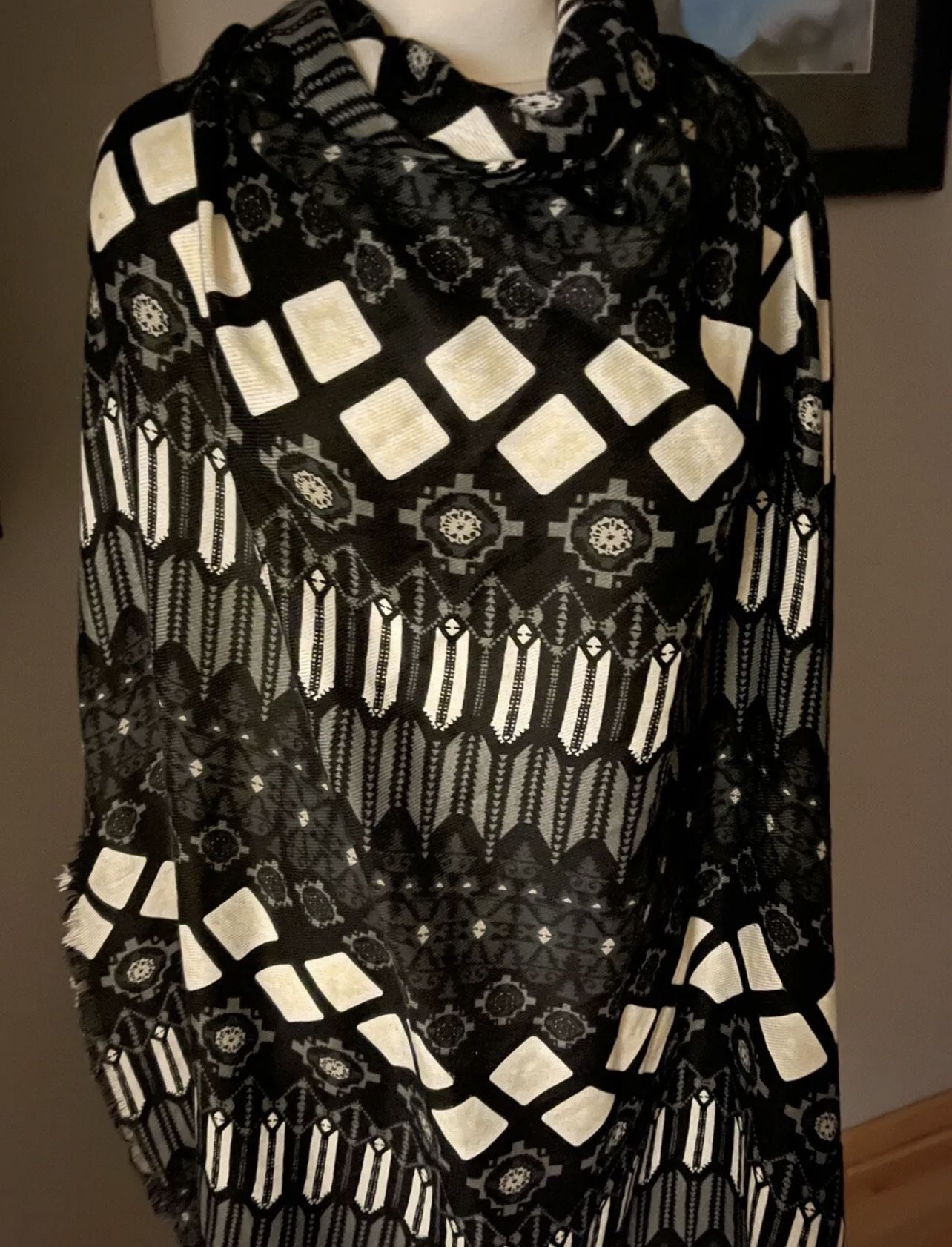 Extra Large 54”x48” Blk, Ivory, Cream,Gray Frayed Edge Scarf/Shawl Cashmere Feel