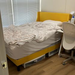 Yellow Linen Upholstered Wingback Platform Bed with Wooden Slats