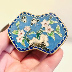 Vintage Cloisonné Blue Floral Enamel &Brass Lidded Trinket Jewelry Pill Ring Box