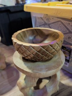 Hand-Carved Wooden Bowl with Diamond Pattern