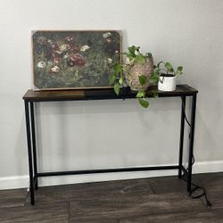 Entryway Narrow Console Table Brown Black Power Outlet Behind Couch Table