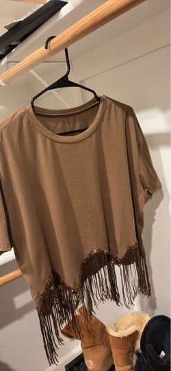 Tan Oversized Fringe Hem T-Shirt