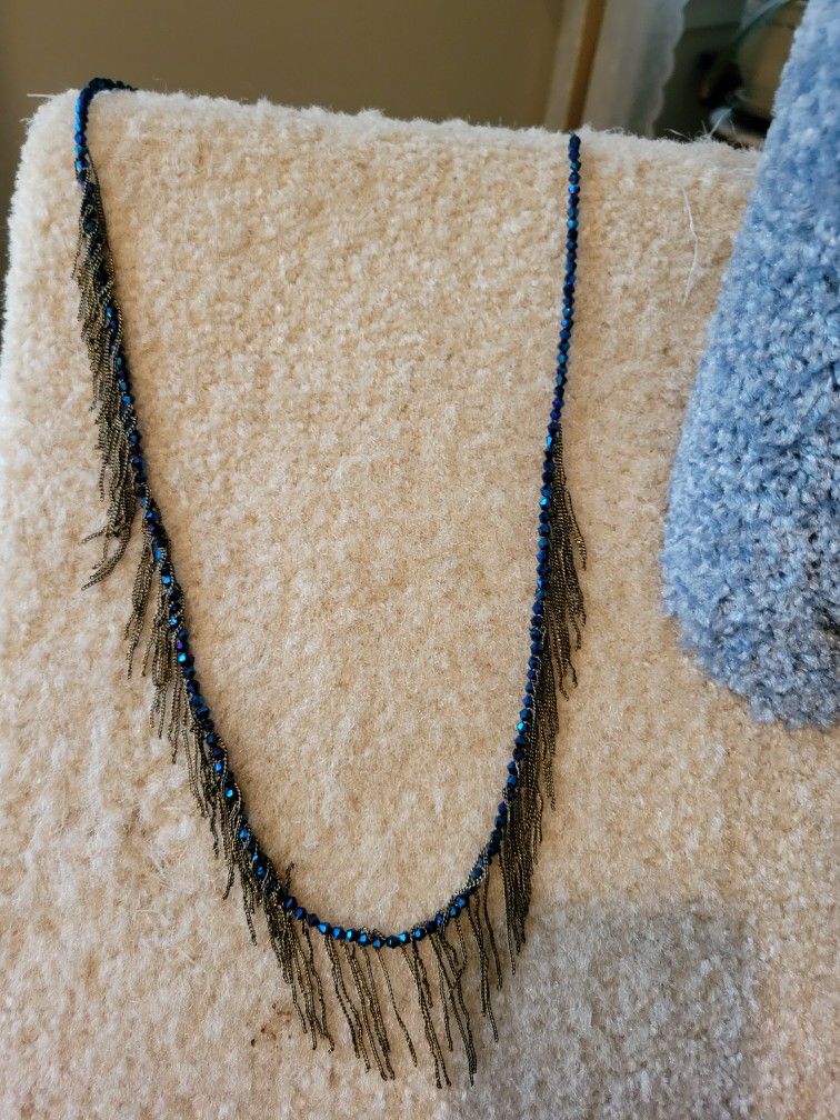 34" Beaded And Metal Fringe Necklace