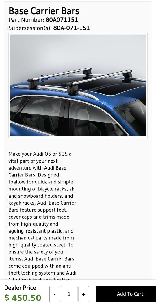 Brand New Genuine Audi Q5 Base Carrier Bars (2018-2025)
