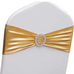 Gankar Gold Chair Sashes 100 Pack, Spandex Sashes For Chairs Wedding Reception, Stretch Chair Bands Bows For Party Banquet Theme Event Decor