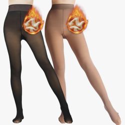 Pair of fleece lined tights. Black and apricot. M Size. High waisted fake translucent. 