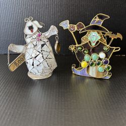 Stained Glass Halloween Witch And Ghost Candle Holders Set