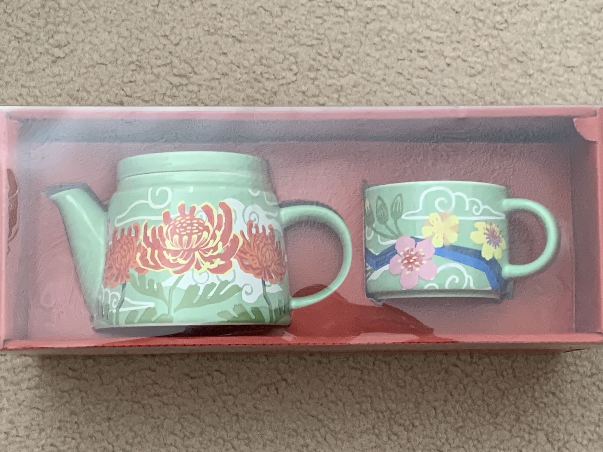 Lunar New Year Stoneware Floral Tea infuser Tea Pot & Cup Set by Christina Tan