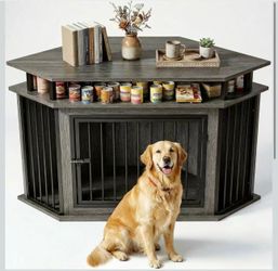 IRONCK Corner Dog Crate Furniture with 2-Tier Shelves – Grey (26.7" L x 51.2" W x 33.5" H)