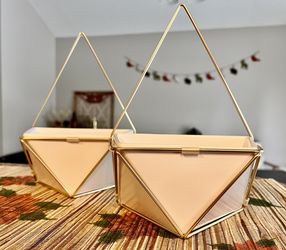 Two Succulent Wall Geometric Hangings - White/Gold