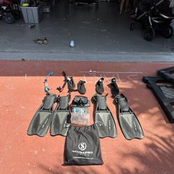 Subs Pro Jet Sports 2 Pair And Scuba Pro Googles(2)  And Snorkels Etc