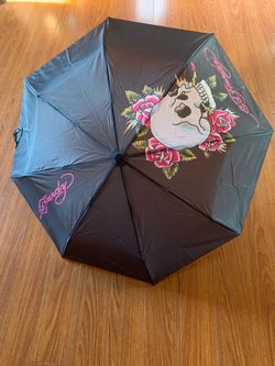 Ed Hardy Black with Skull & Rose Tattoo Print Compact Umbrella NWT