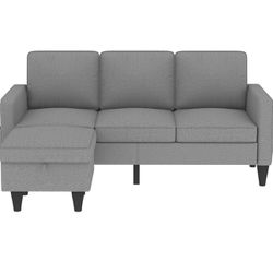 Linen Sectional Sofa Couch Grey With Ottoman 