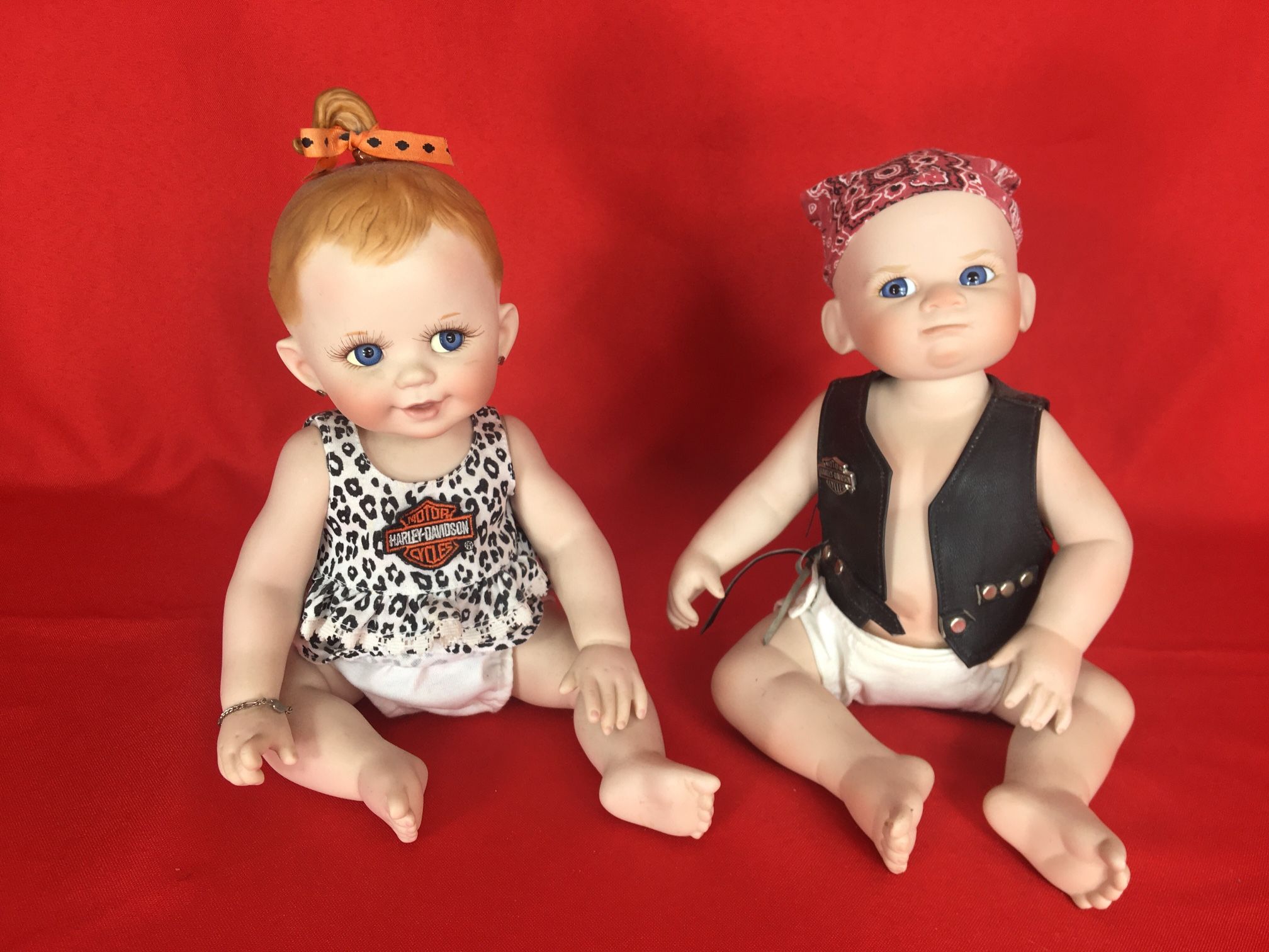 HAILEY AND BOBBY HARLEY DAVIDSON BIKER BABY DOLLS FRANKLIN MINT COLLECTIBLES PORCELAIN WONDERFUL CONDITION
