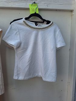 Express White Textured Top with Pearl Neckline, Size M