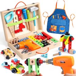 🌸Kids Tool Set with Drill, Educational Montessori Toys for 3+ Year Old Boys 44 Pcs STEM Kids Toys Wooden Toddler Tool Set with Apron & Box 