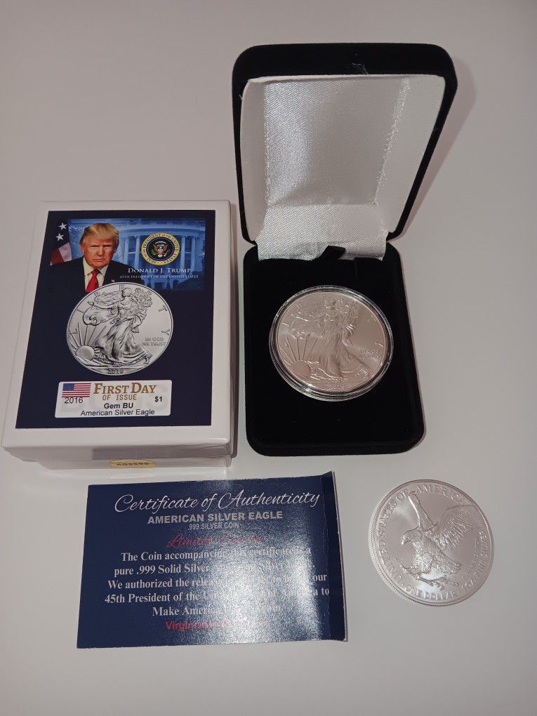 2  Silver Eagles .(contact info removed) And 2021w Limited Edition Donald Trump 