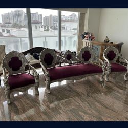 2 Throne Chairs W/ Lion Panther Heads & Flowers. Wood W/ Metal Cover.  $1,000 For 2 Armchairs. $1,000 For Sofa Couch. Purple Plum. All 3 For $1,500!