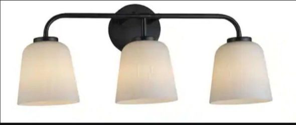 Bathroom Vanity Light Bar 23 in. 3 Lights Matte Black with 3 White Ribbed Glass, Bell-Shaped shades. Dimmable
