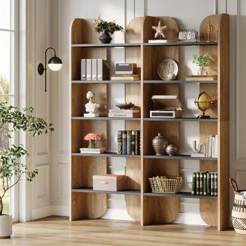 Lantine 5-Tier Farmhouse Bookshelf, 70.87-Inch Tall Double Wide Bookcase With Open Shelves, Vintage Floor Standing Book Shelf Display Storage Shelving