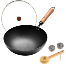 WANGYUANJI 11-Inch Carbon Steel Wok with Wooden Handle & Glass Lid,Round Bottom Pow Wok Pan for Gas Stove & Open Flame Cooking