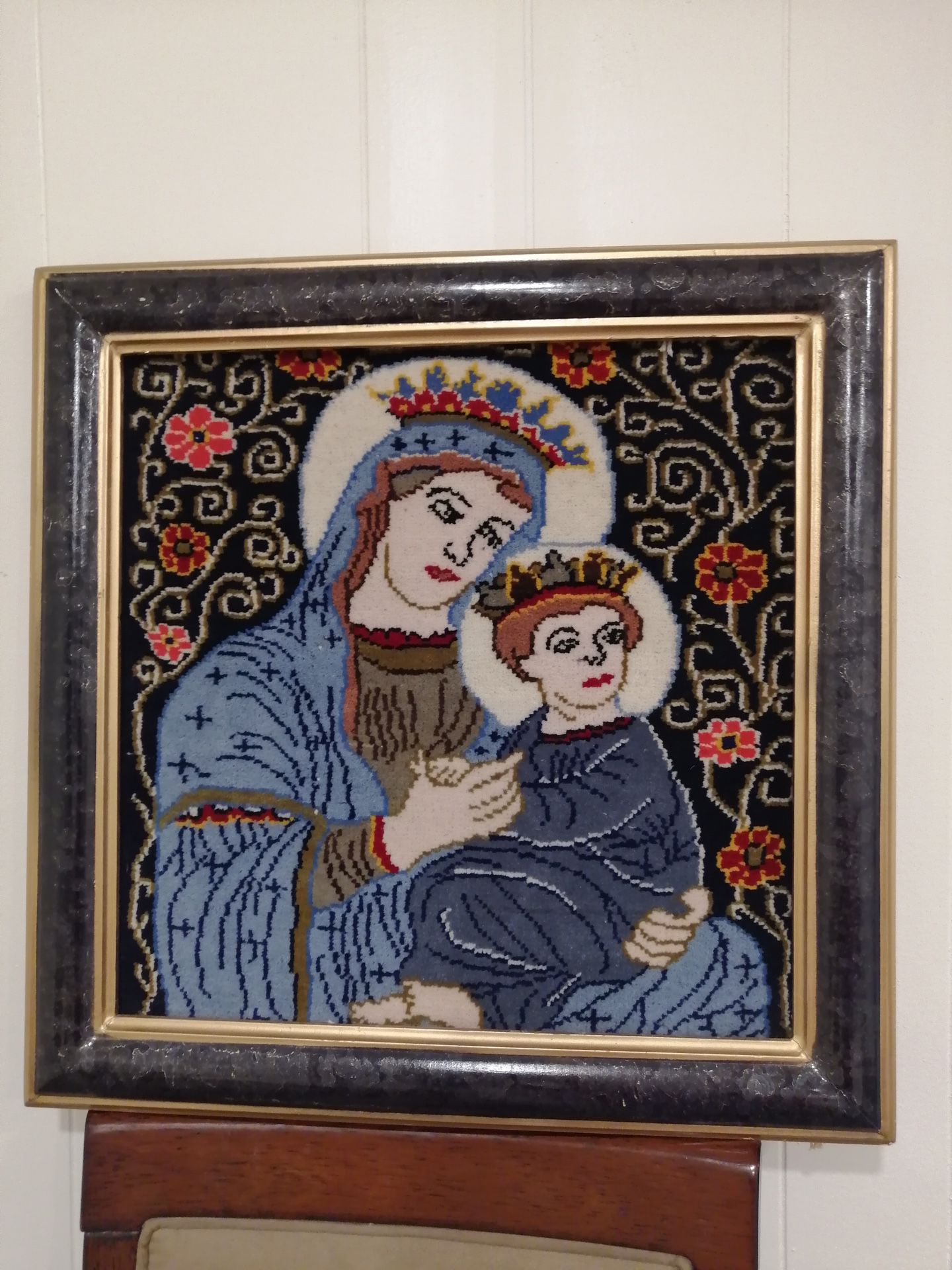 Mary holding baby Jesus Handmade Persian with frame