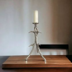 Tall Single Stag Antler Candle Holder Silver Metal Candelabra Stand Base Home Decor Accent